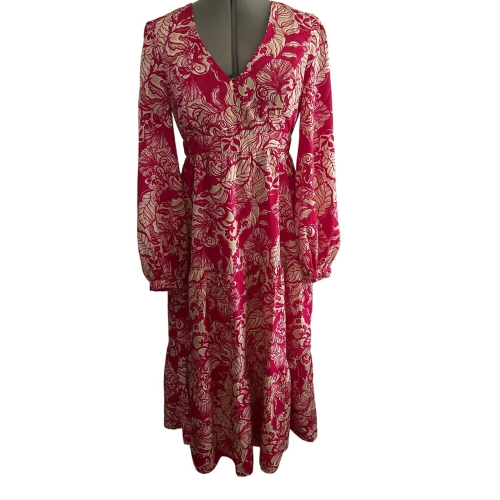 Lilly Pulitzer Tinslee Poinsettia Red V Neck Floral Long Sleeve Midi Dress Sz 4